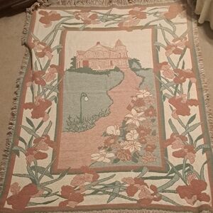 Vintage Floral Tapestry Throw Blanket with House Design